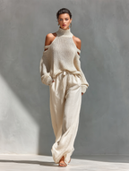 Knit Cold-Shoulder Top & Wide-Leg Pants Set