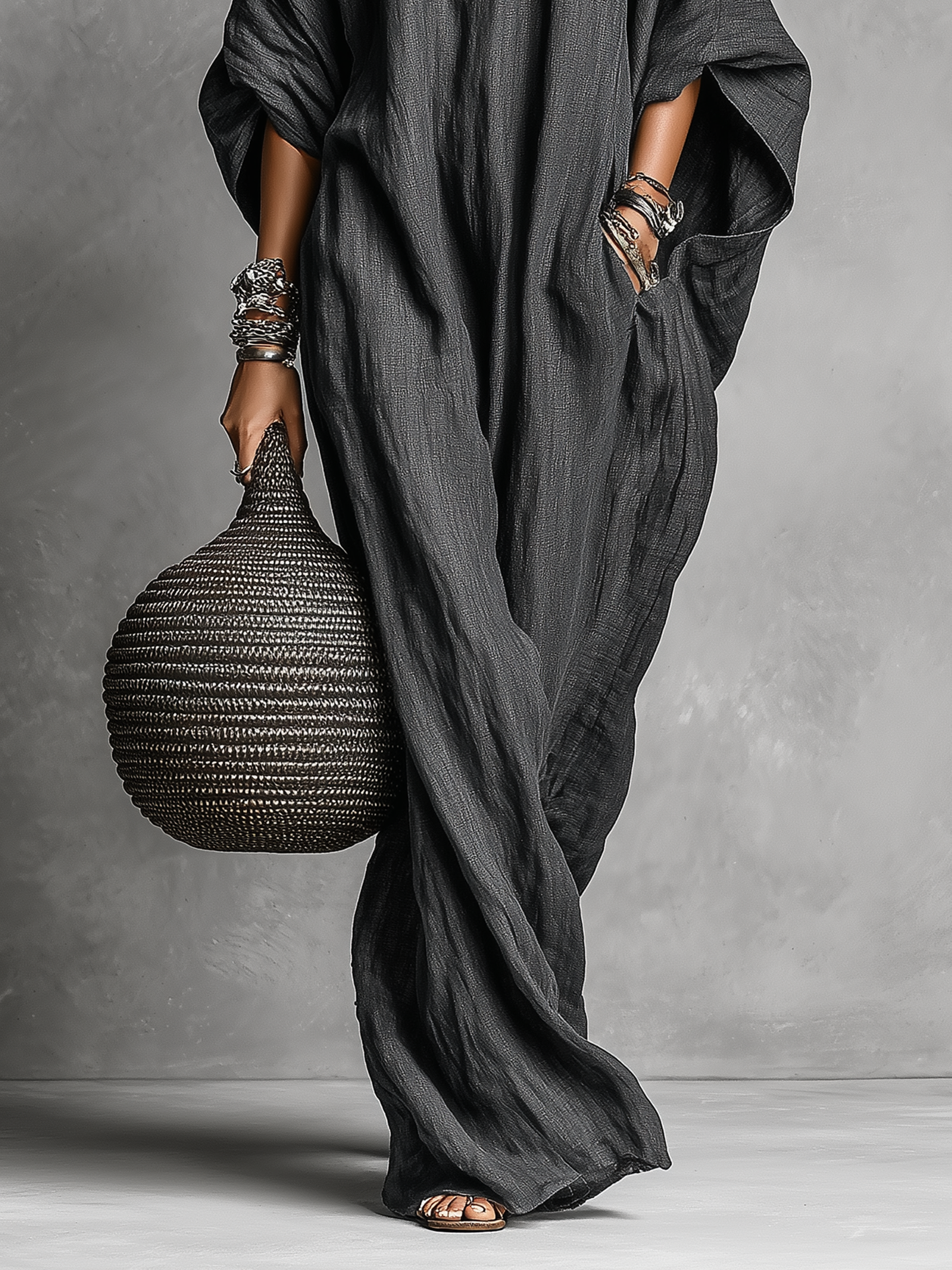 Women's Loose Cotton And Linen Batwing Sleeve Maxi Dress MDA1328K8Y