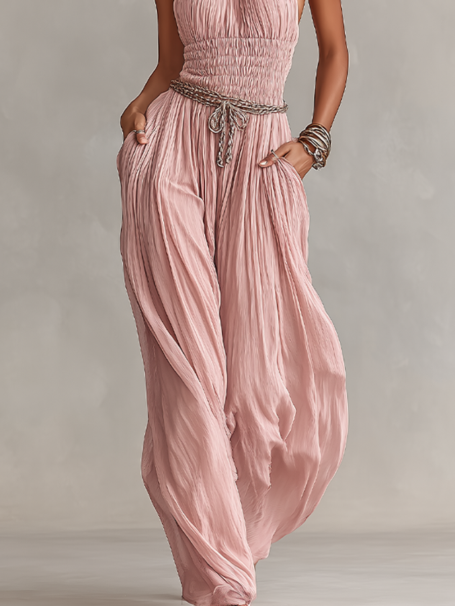 Blush Halter Neck Pleated Ruched Jumpsuit