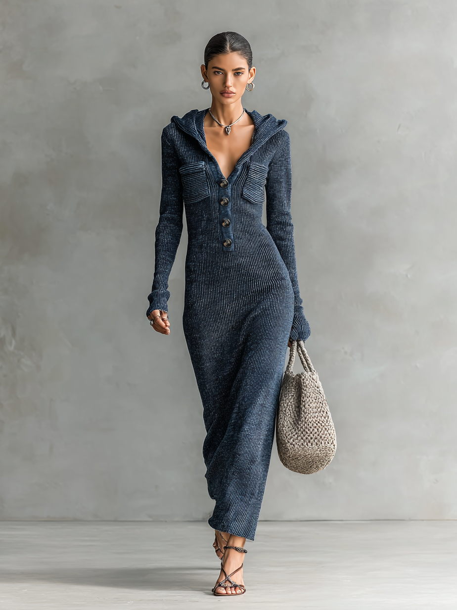 Hooded Knit Slim Maxi Dress