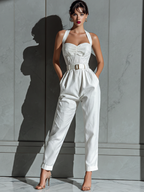 Ivory Linen Cinched Waist Wide-Leg Jumpsuit