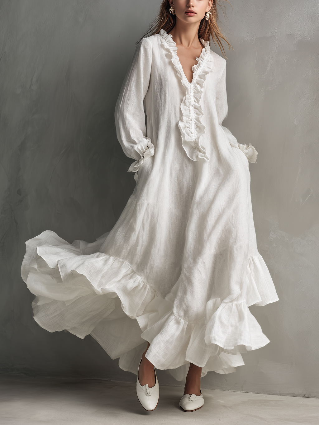 Women's Casual White Cotton Linen V-neck Long-sleeved Loose-fitting Maxi Dress With Lining MDZ0371D3LXY