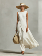 Ivory Linen Asymmetric Hem Dress