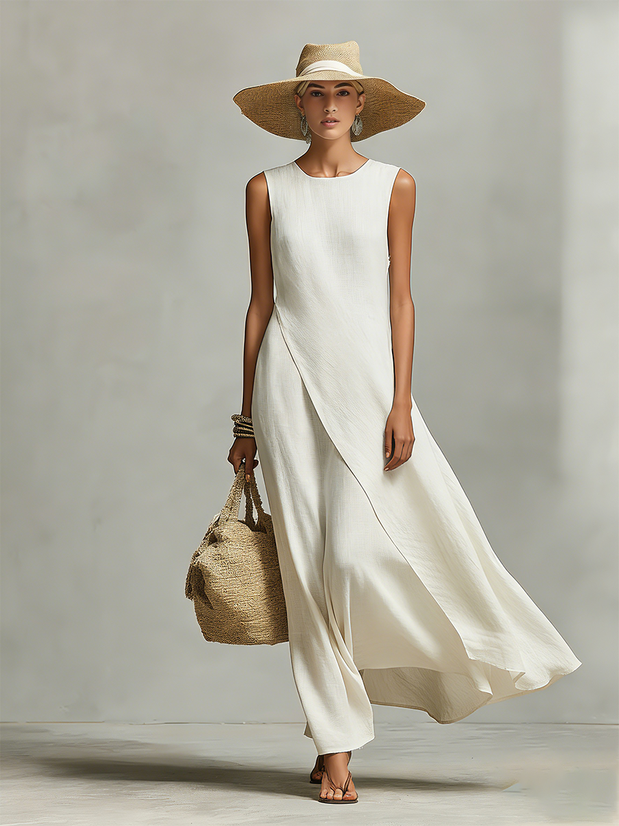 Ivory Linen Asymmetric Hem Dress