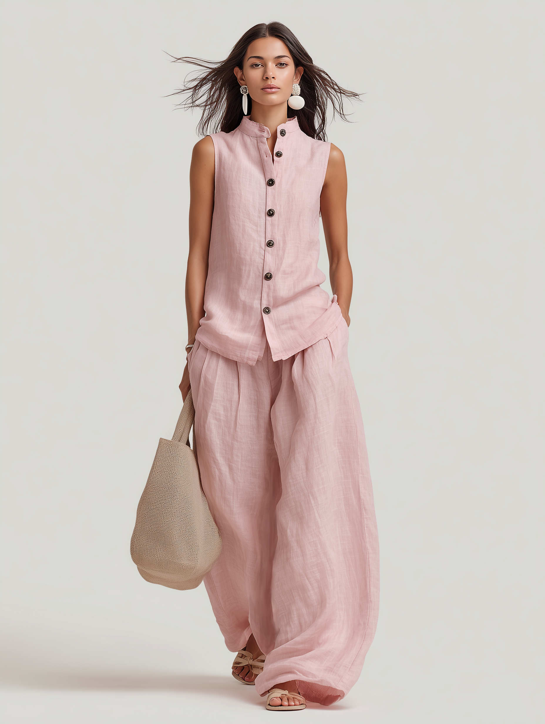 Light Pink Cotton Linen Crew-Neck Sleeveless Set