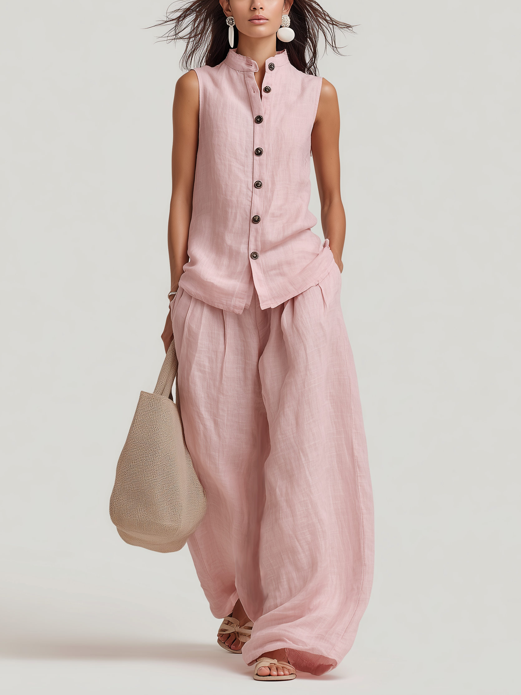 Light Pink Cotton Linen Crew-Neck Sleeveless Set