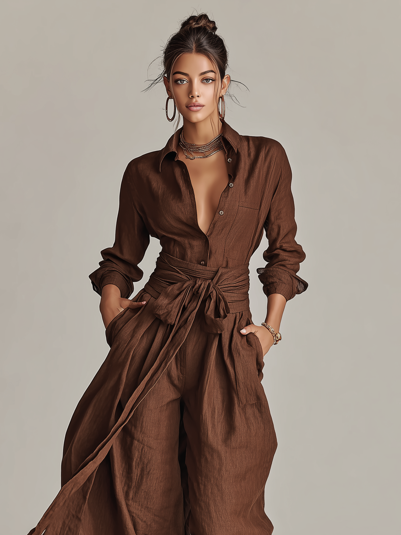 Cotton Linen Belted Shirt Collar Jumpsuit