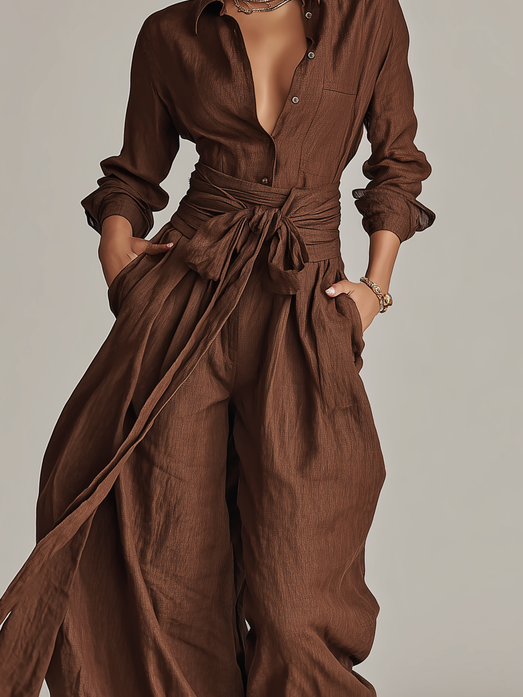 Cotton Linen Belted Shirt Collar Jumpsuit