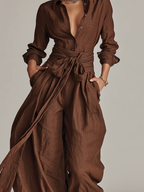 Cotton Linen Belted Shirt Collar Jumpsuit