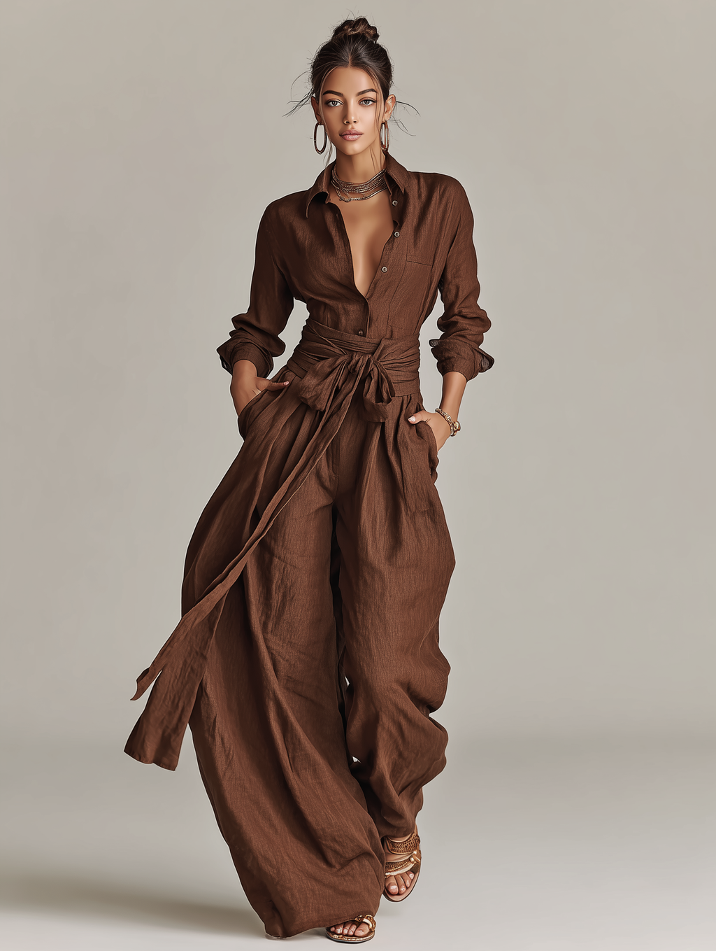 Cotton Linen Belted Shirt Collar Jumpsuit