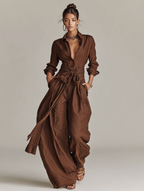 Cotton Linen Belted Shirt Collar Jumpsuit