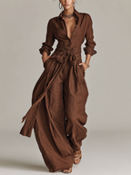 Cotton Linen Belted Shirt Collar Jumpsuit