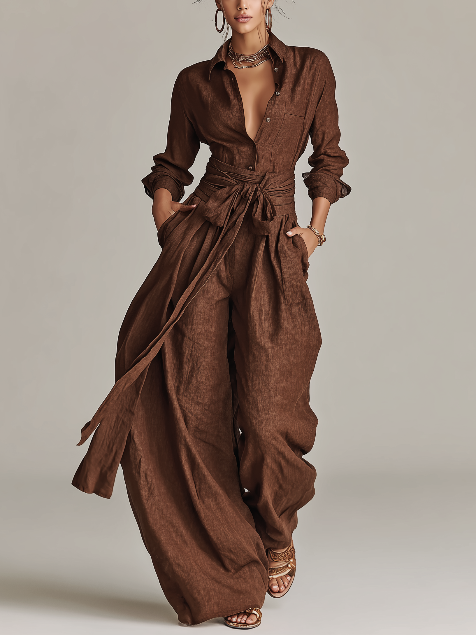 Cotton Linen Belted Shirt Collar Jumpsuit
