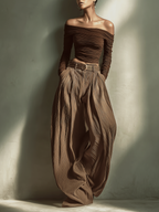 Off-Shoulder Fitted Top & Wide-Leg Trousers