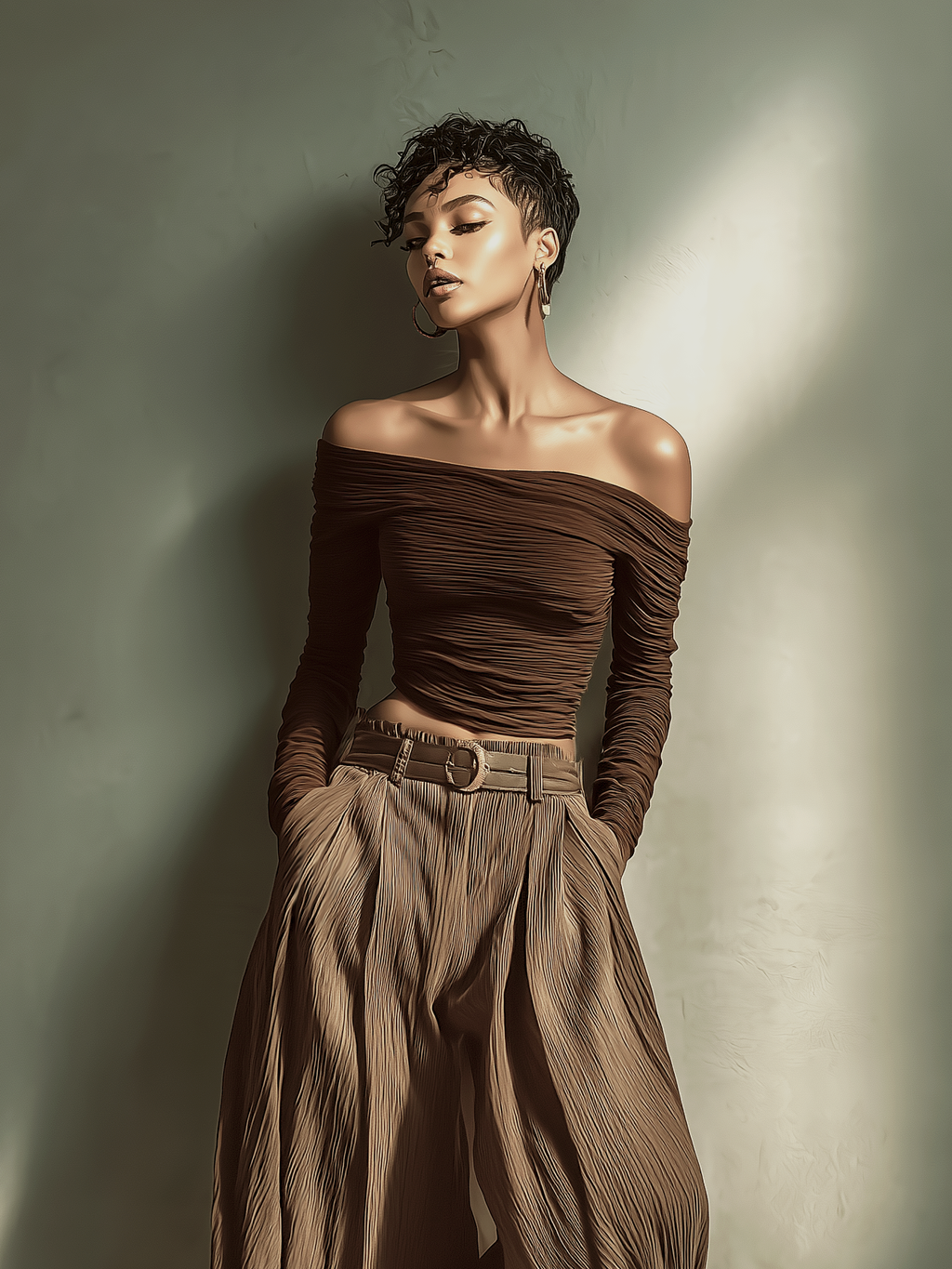 Off-Shoulder Fitted Top & Wide-Leg Trousers