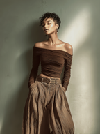 Off-Shoulder Fitted Top & Wide-Leg Trousers