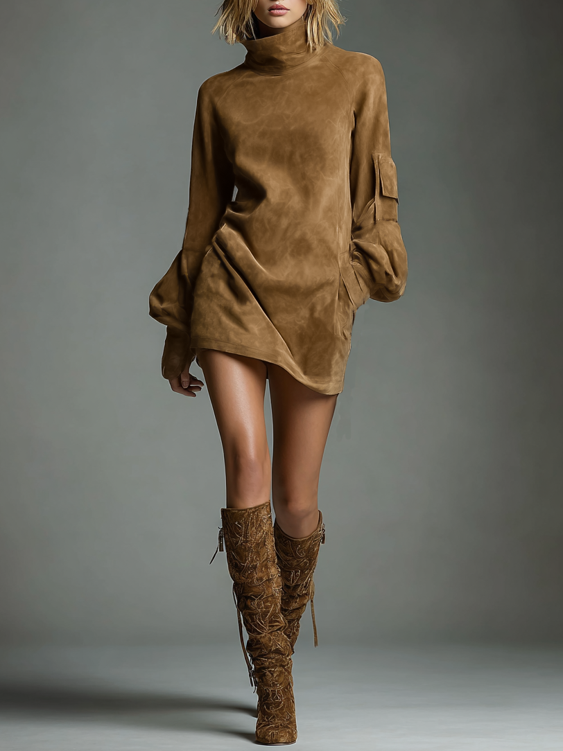 Vintage Suede Turtleneck Mini Dress
