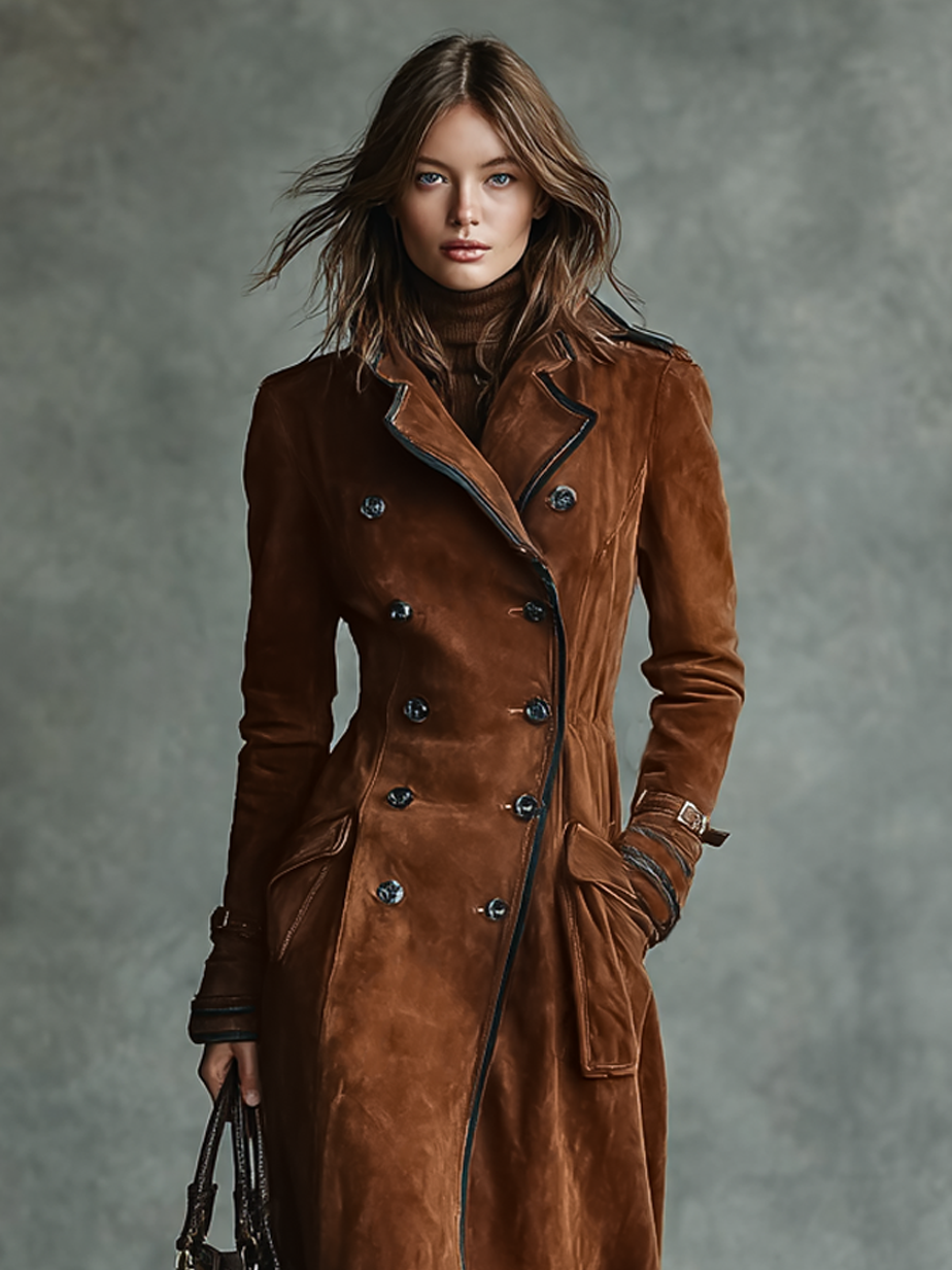 Suede Double-Breasted Lapel Long Coat