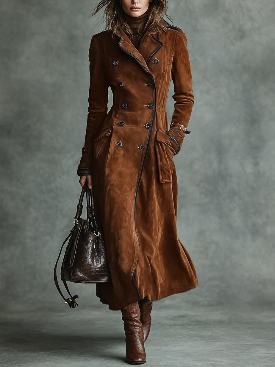 Suede Double-Breasted Lapel Long Coat