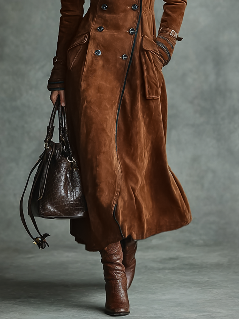 Suede Double-Breasted Lapel Long Coat