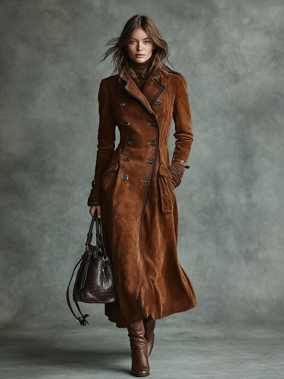 Suede Double-Breasted Lapel Long Coat