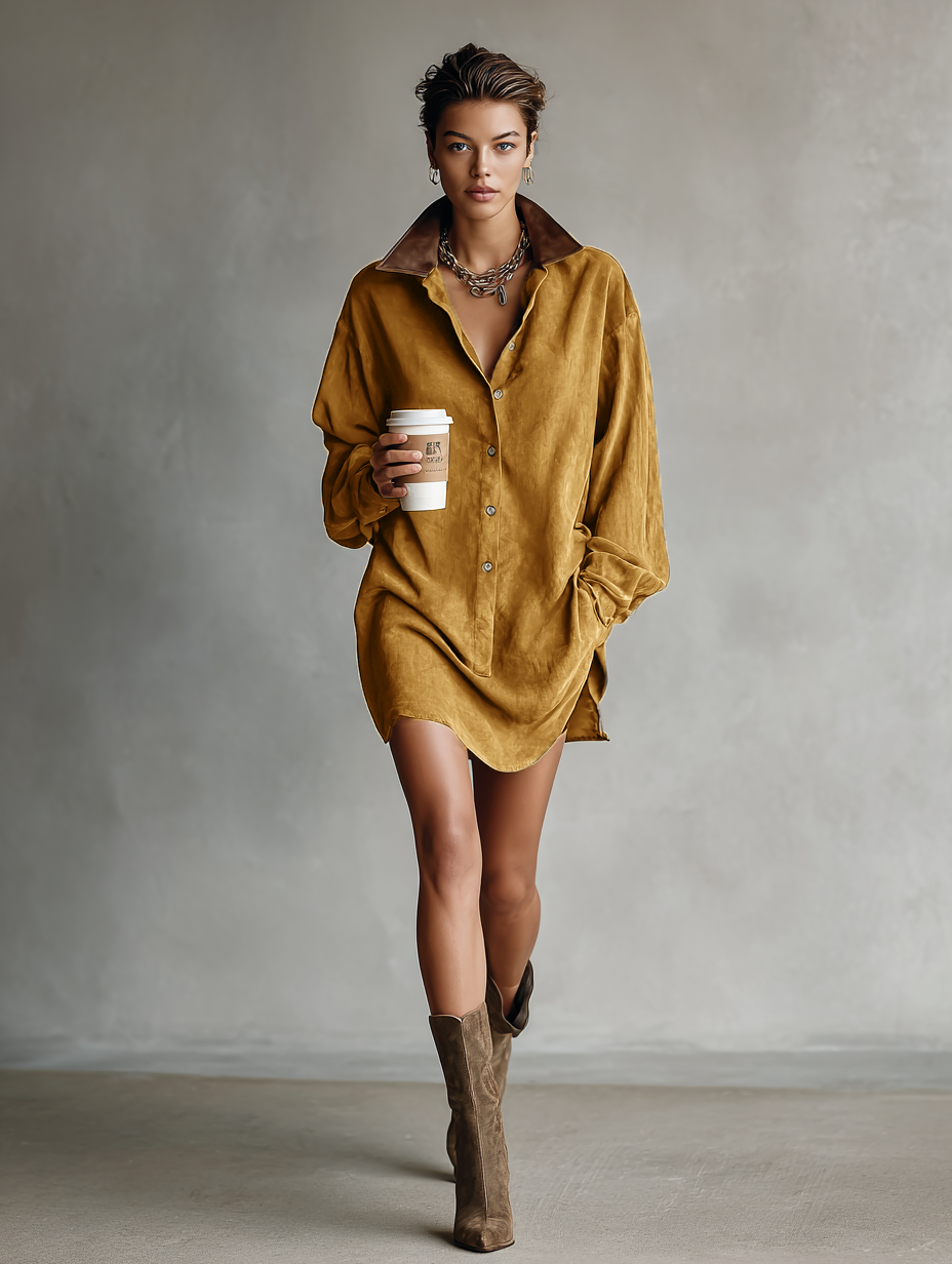 Suede Leather-Lapel Mini Dress