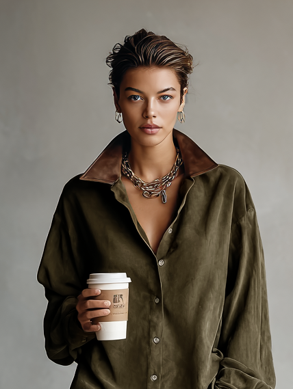 Suede Leather-Lapel Mini Dress