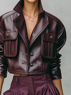PU Leather Double-Pocket Short Jacket