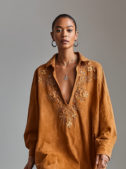 Suede Embroidered Lapel Midi Dress