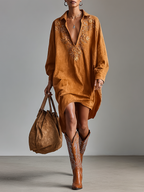 Suede Embroidered Lapel Midi Dress