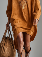 Suede Embroidered Lapel Midi Dress