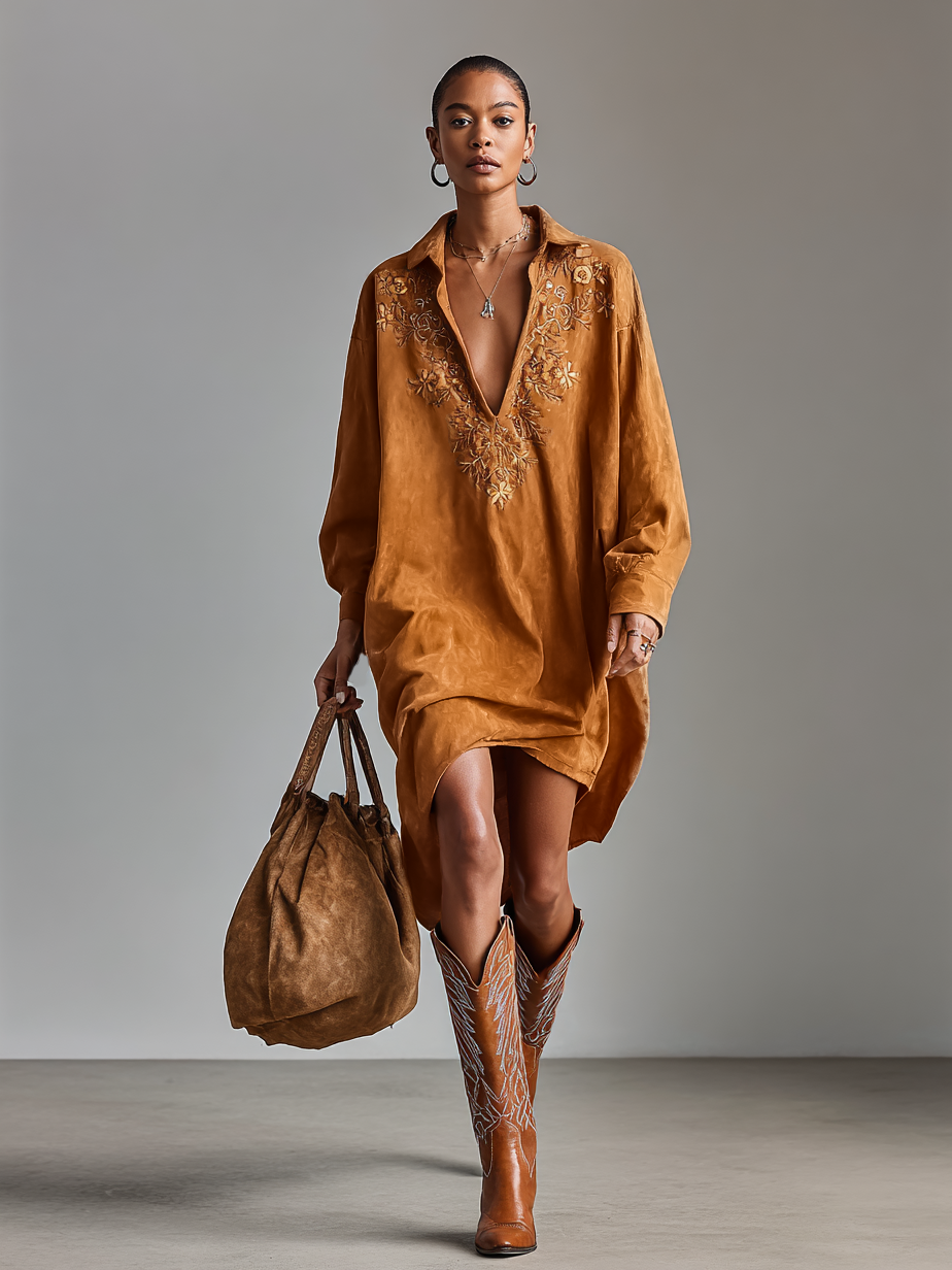 Suede Embroidered Lapel Midi Dress