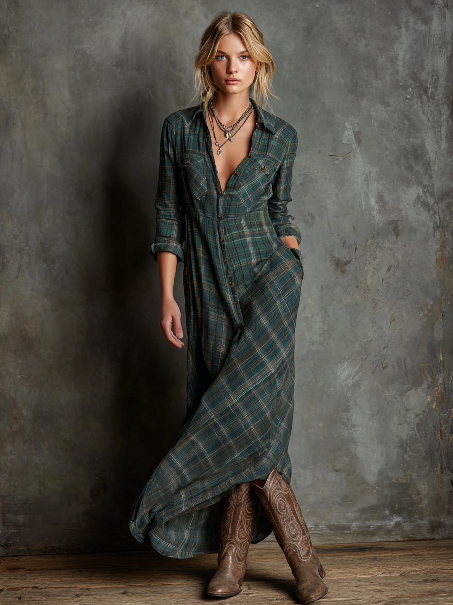 Plaid Lapel Belted Maxi Dress