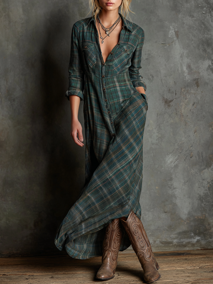 Plaid Lapel Belted Maxi Dress