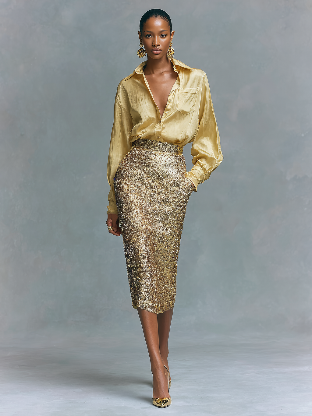 Satin Single-Breasted Long-Sleeve Shirt