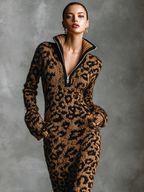 Leopard Jacquard Knit Zipper Midi Dress