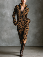 Leopard Jacquard Knit Zipper Midi Dress