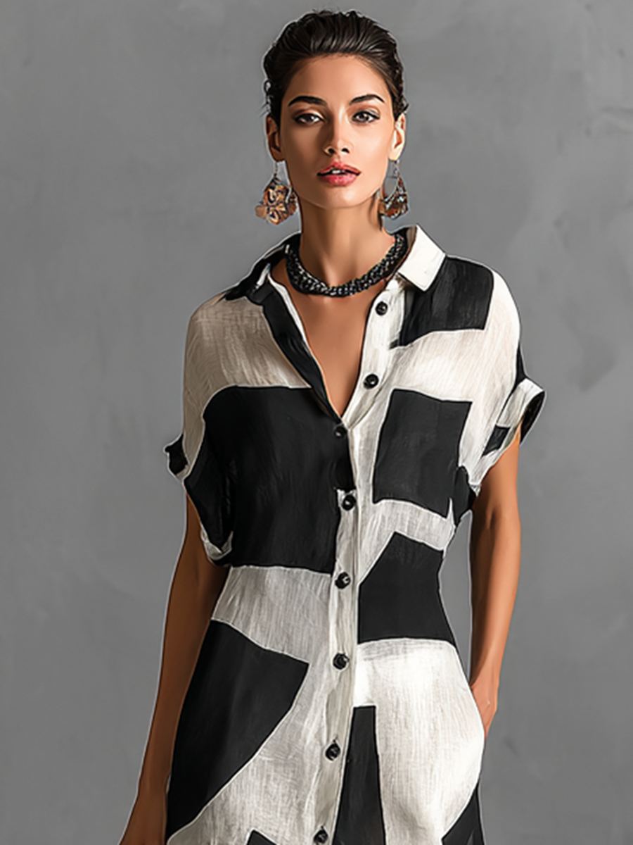 Geometric Print Lapel Shirt Maxi Dress