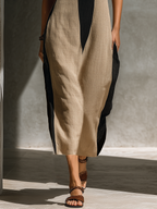 Black & Beige Halter Keyhole Color-Block Midi Dress