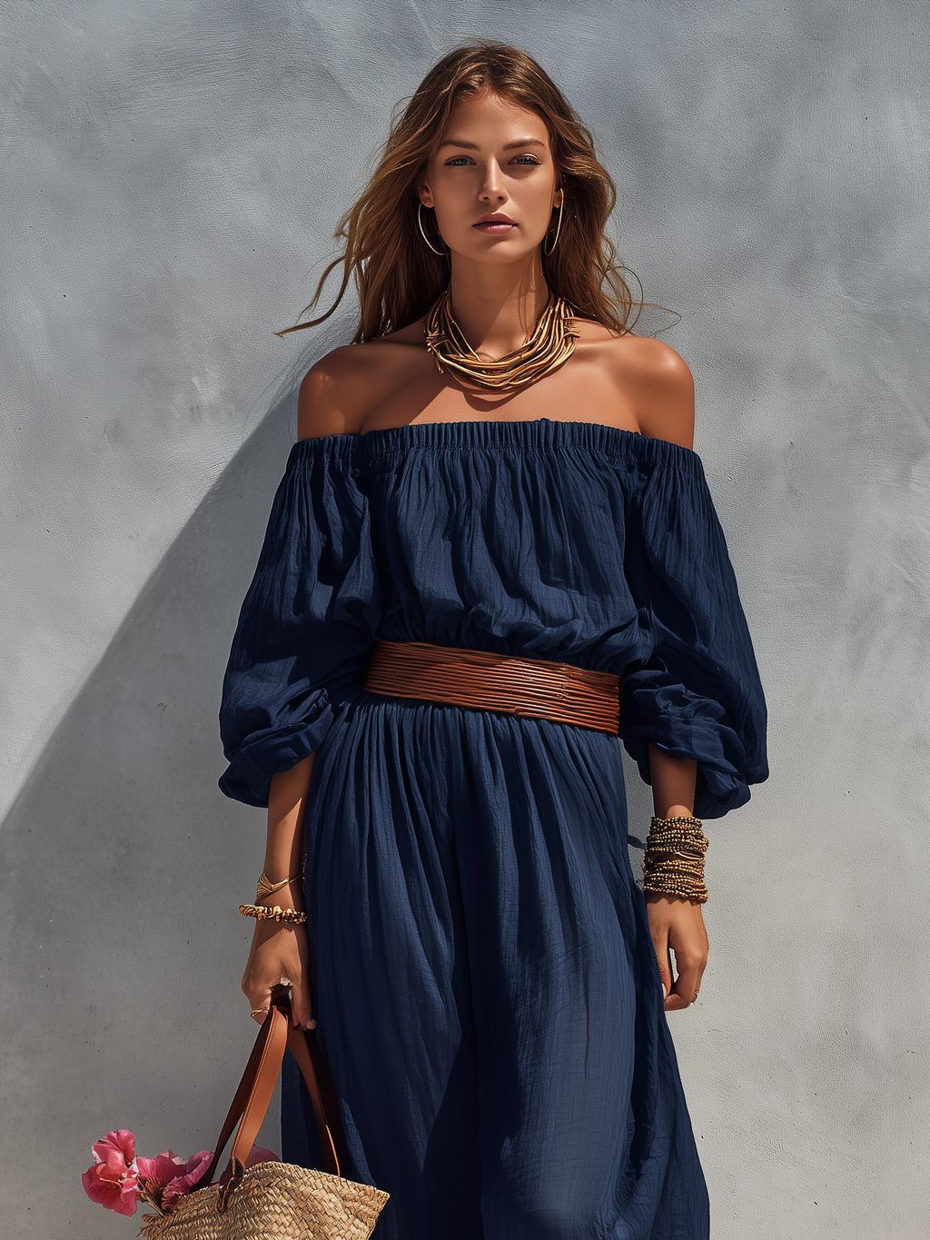 Dark Blue Cotton Linen Round-Neck Sleeveless Jumpsuit