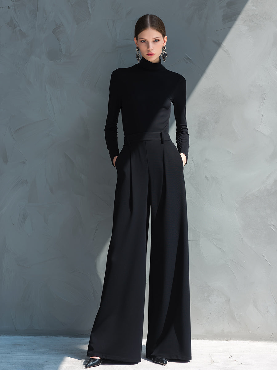 Black Knit Turtleneck Wide-Leg Jumpsuit