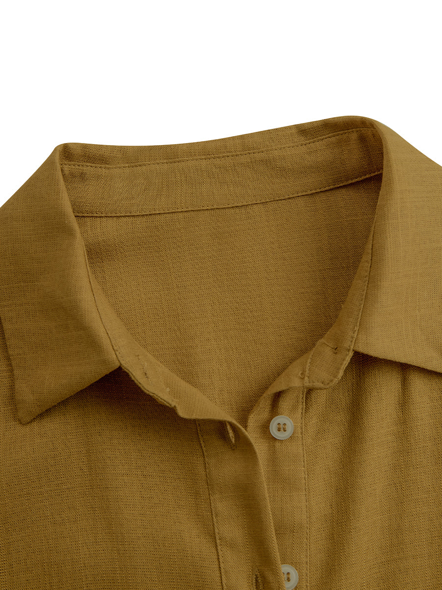 Mustard Linen Button-Front Belted Midi Shirt Dress
