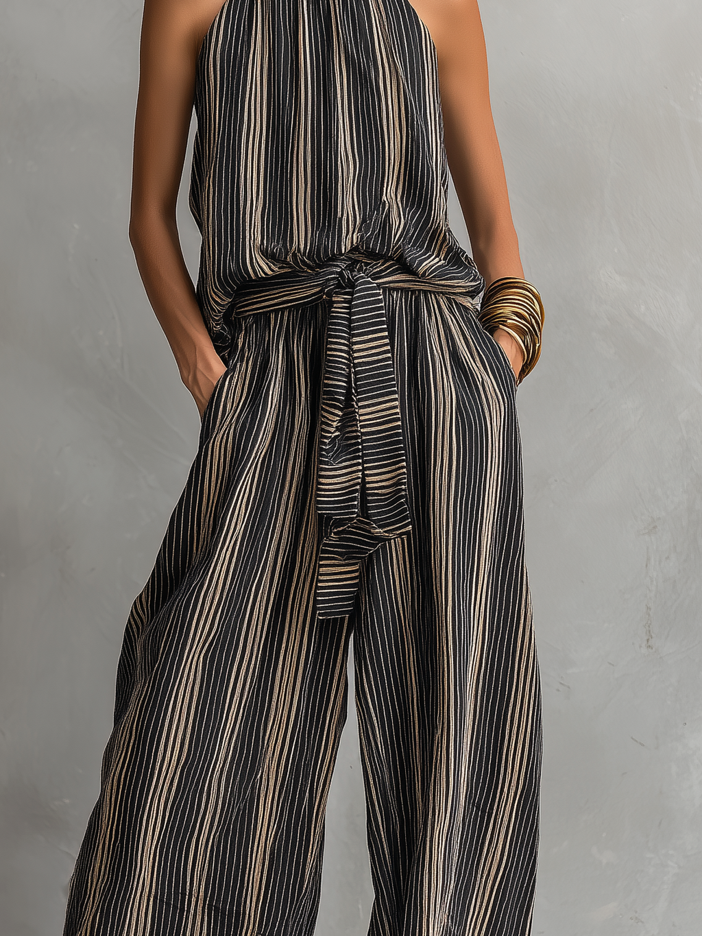 Striped Woven Sleeveless Top & Trousers Set
