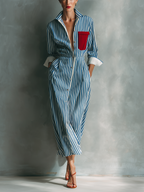 Striped Shirt Dress With Red Chest Pocket