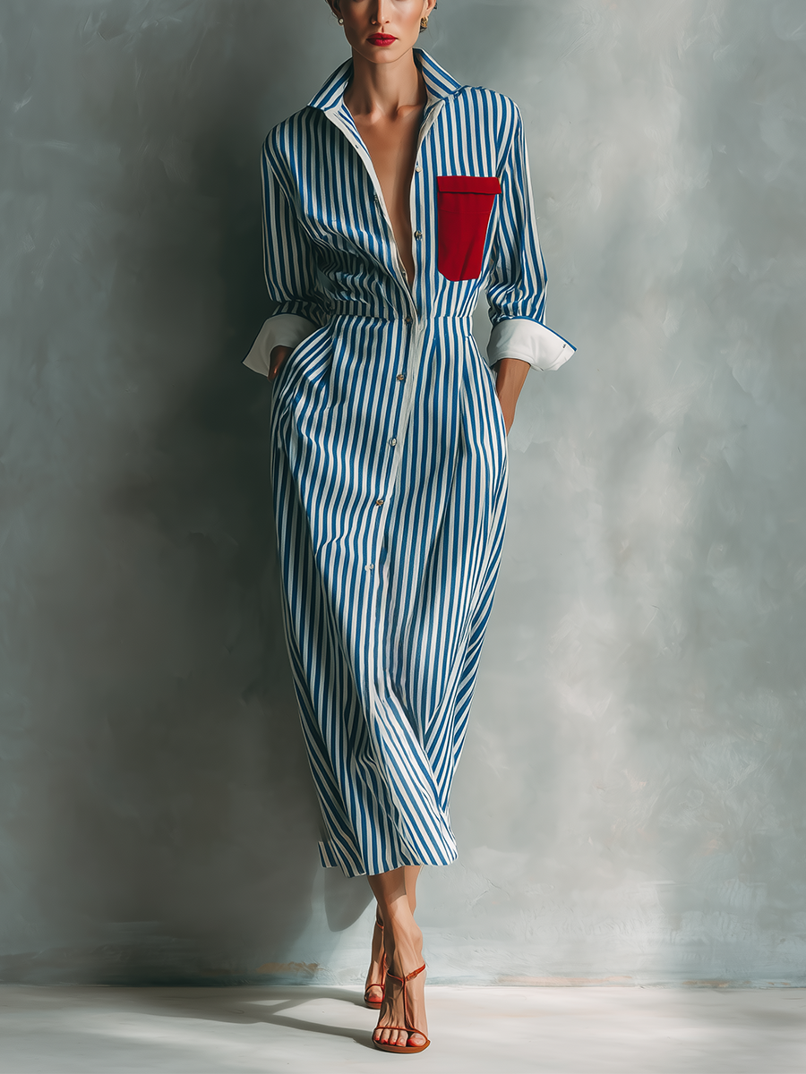 Striped Shirt Dress With Red Chest Pocket