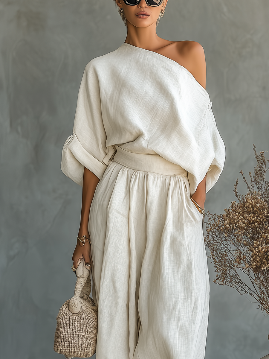 Off-White Linen Off-Shoulder Top & Tapered Pants Set