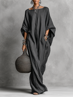 Women's Loose Cotton And Linen Batwing Sleeve Maxi Dress MDA1328K8Y
