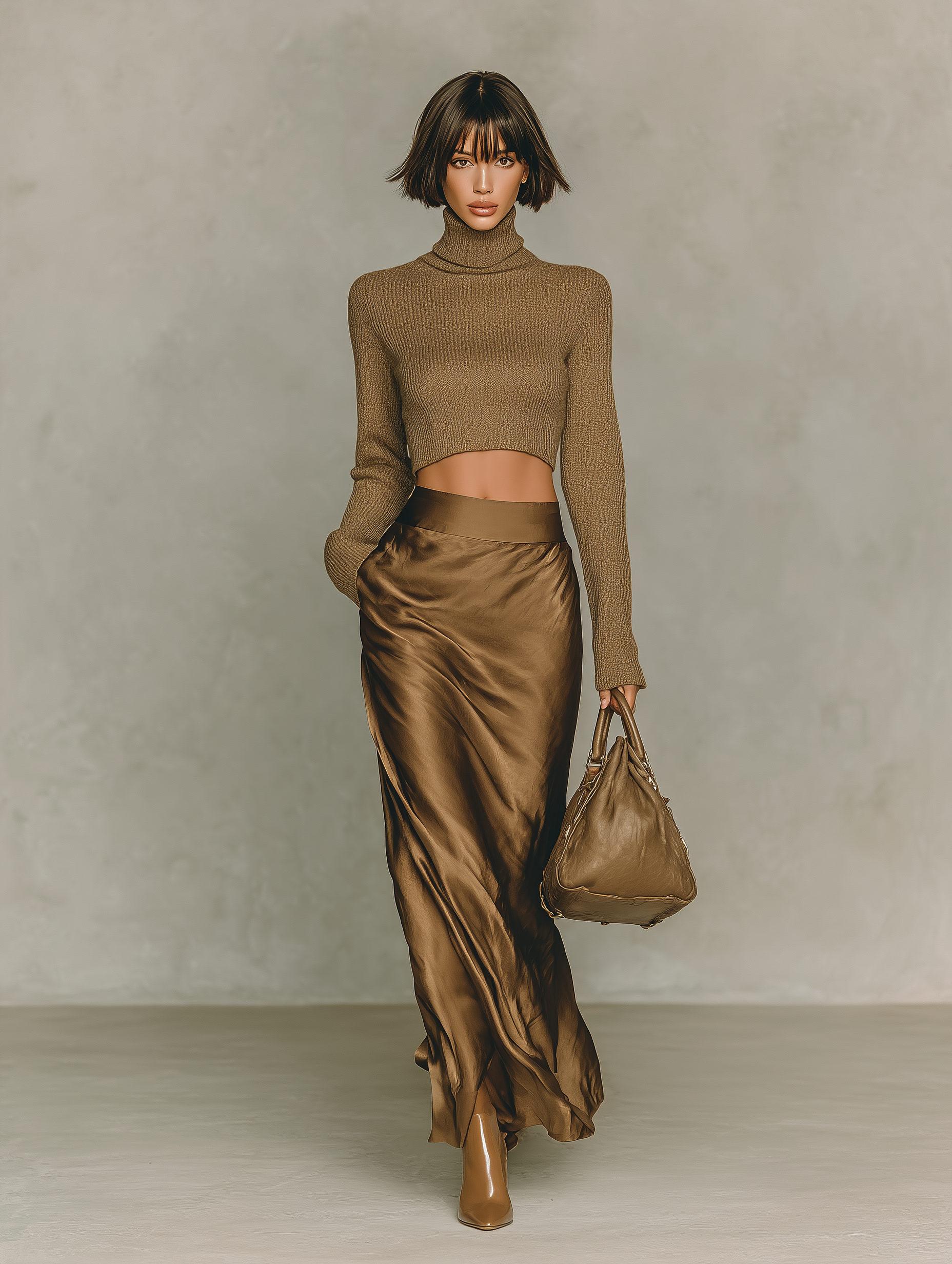 Gold-Brown Knit Turtleneck & Satin Midi Skirt Set