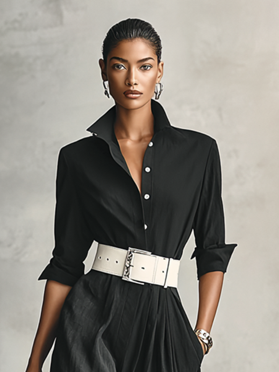 Lapel Single-Breasted Belted Long-Sleeve Jumpsuit
