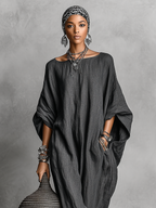 Women's Loose Cotton And Linen Batwing Sleeve Maxi Dress MDA1328K8Y